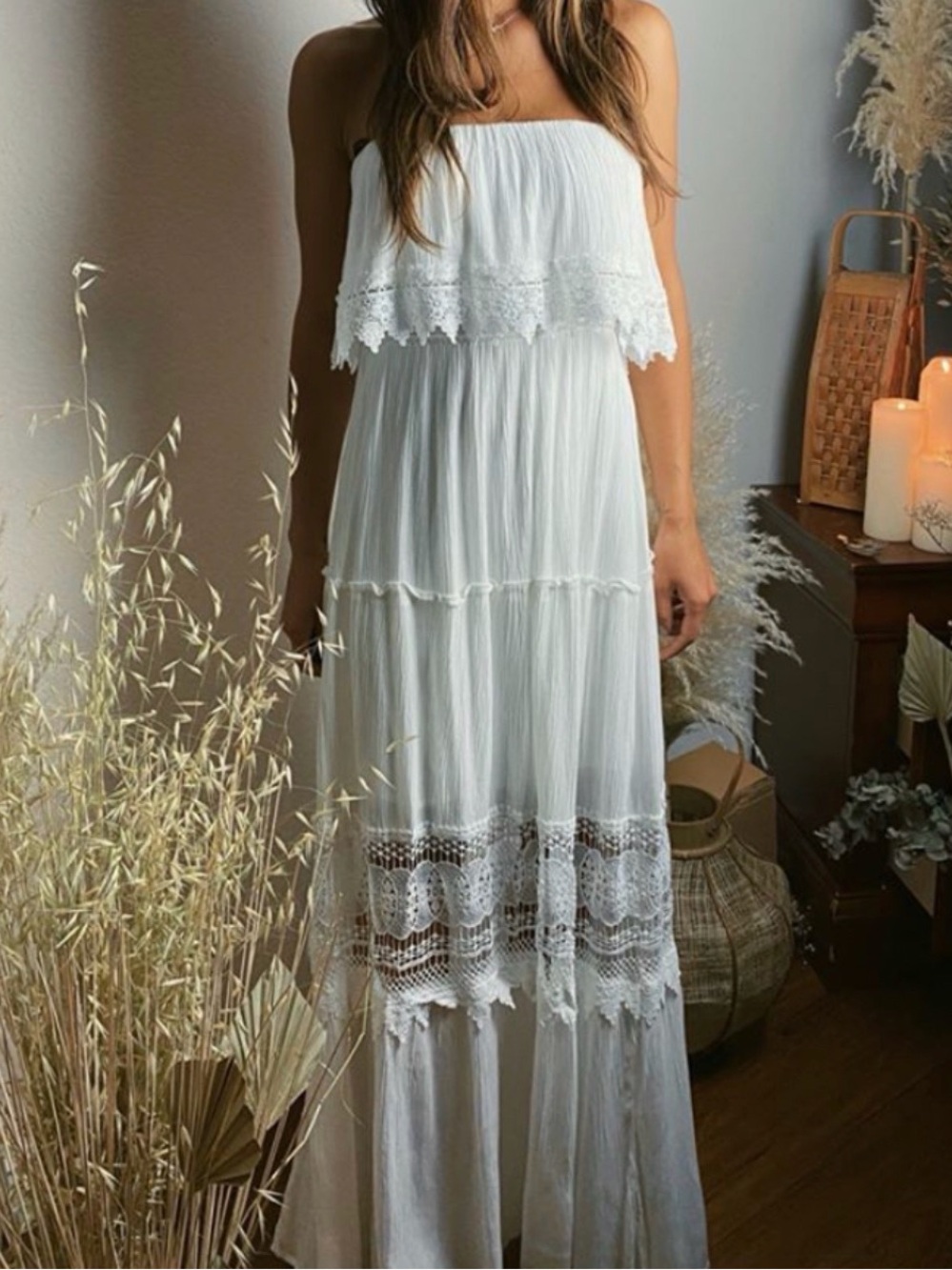 Strapless White Lace Boho Maxi Dress